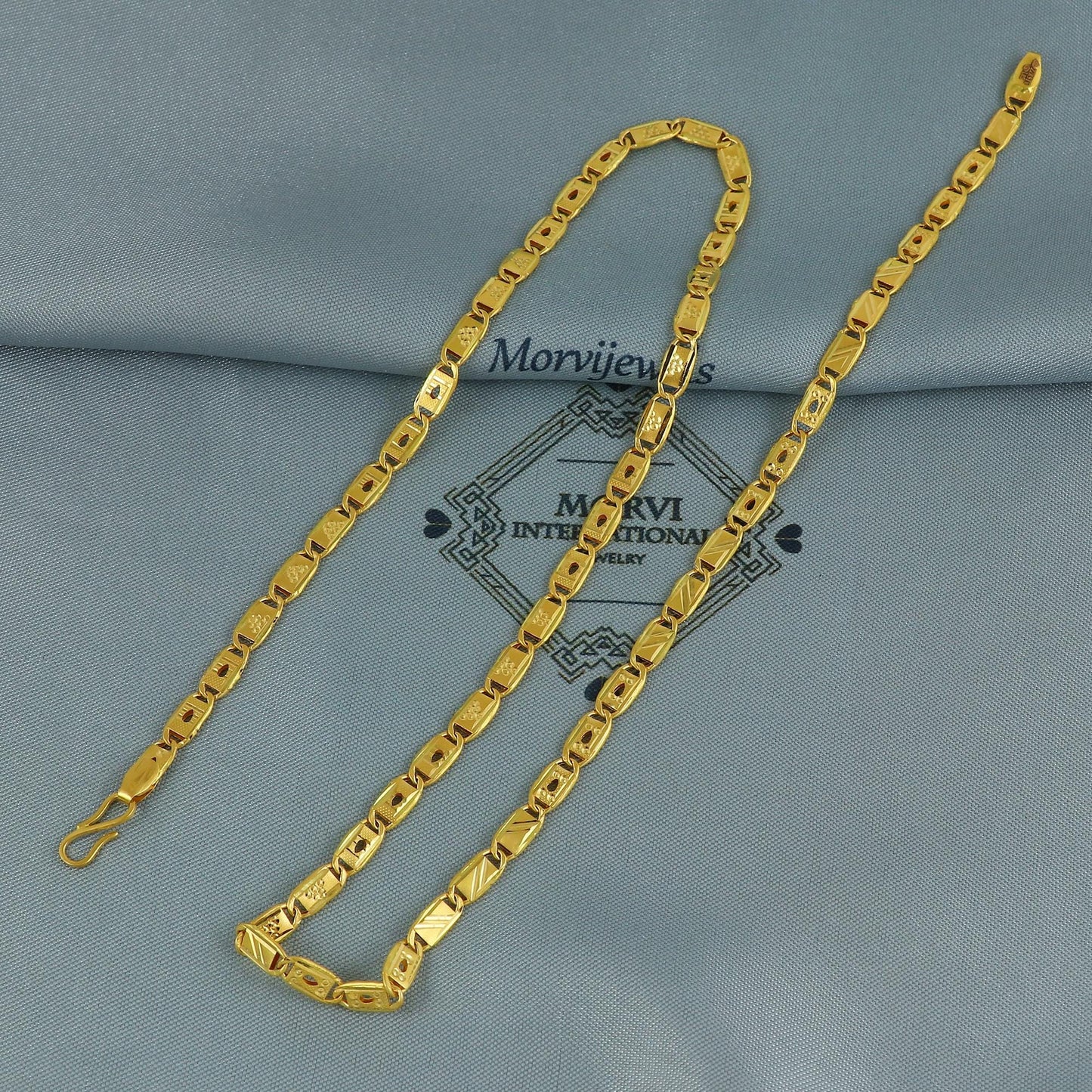 Hand Carved 22K Gold Rectangular Flat Links Chain Men Women Handmade Vintage Antique Chain Necklace, 22kt Gold Jewelry for Gift, K6685