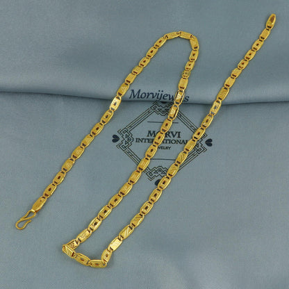 Hand Carved 22K Gold Rectangular Flat Links Chain Men Women Handmade Vintage Antique Chain Necklace, 22kt Gold Jewelry for Gift, K6685