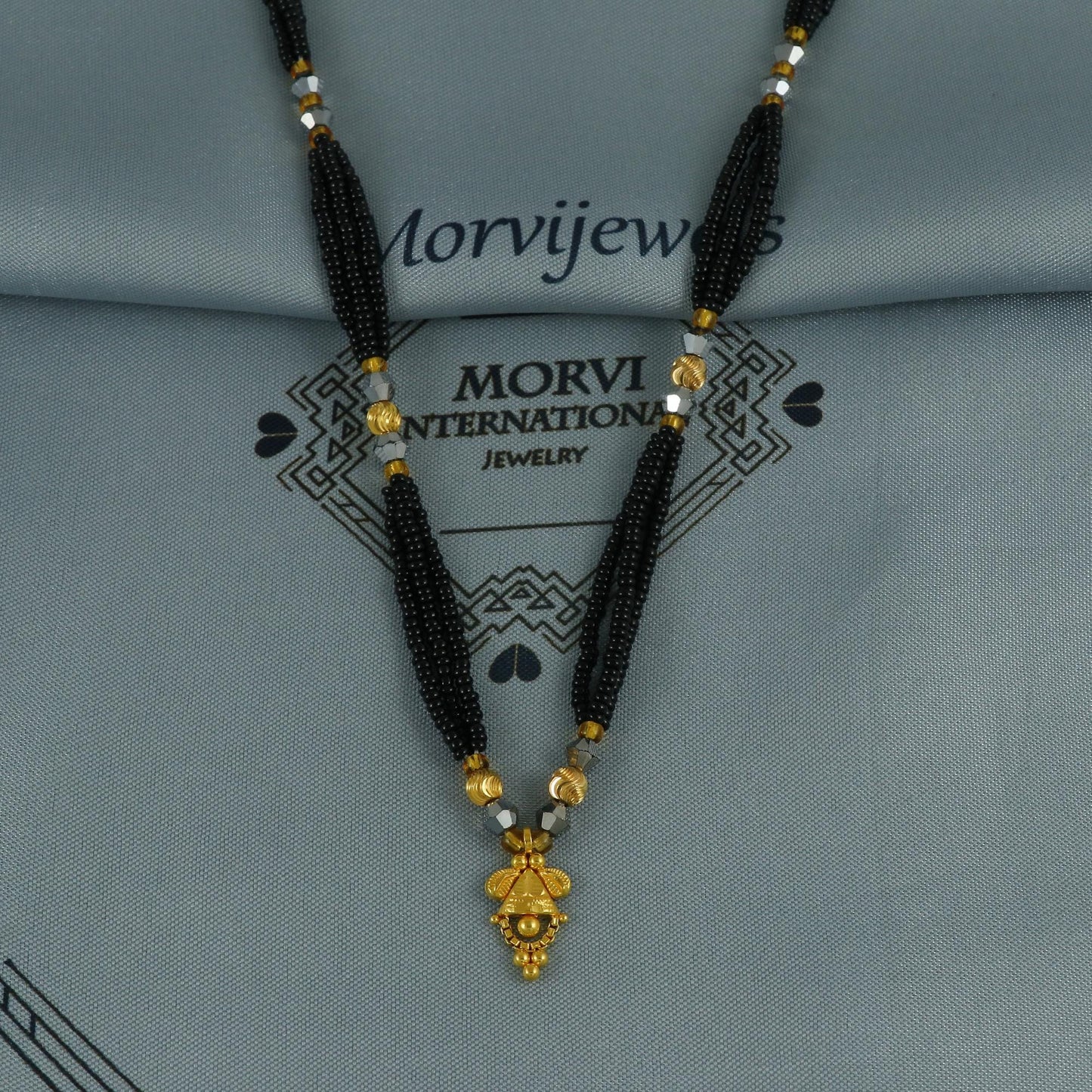 22k gold necklace mangalsutra necklace with small charm pendant amulet and black beads string, Indian Wife Jewelry gift,