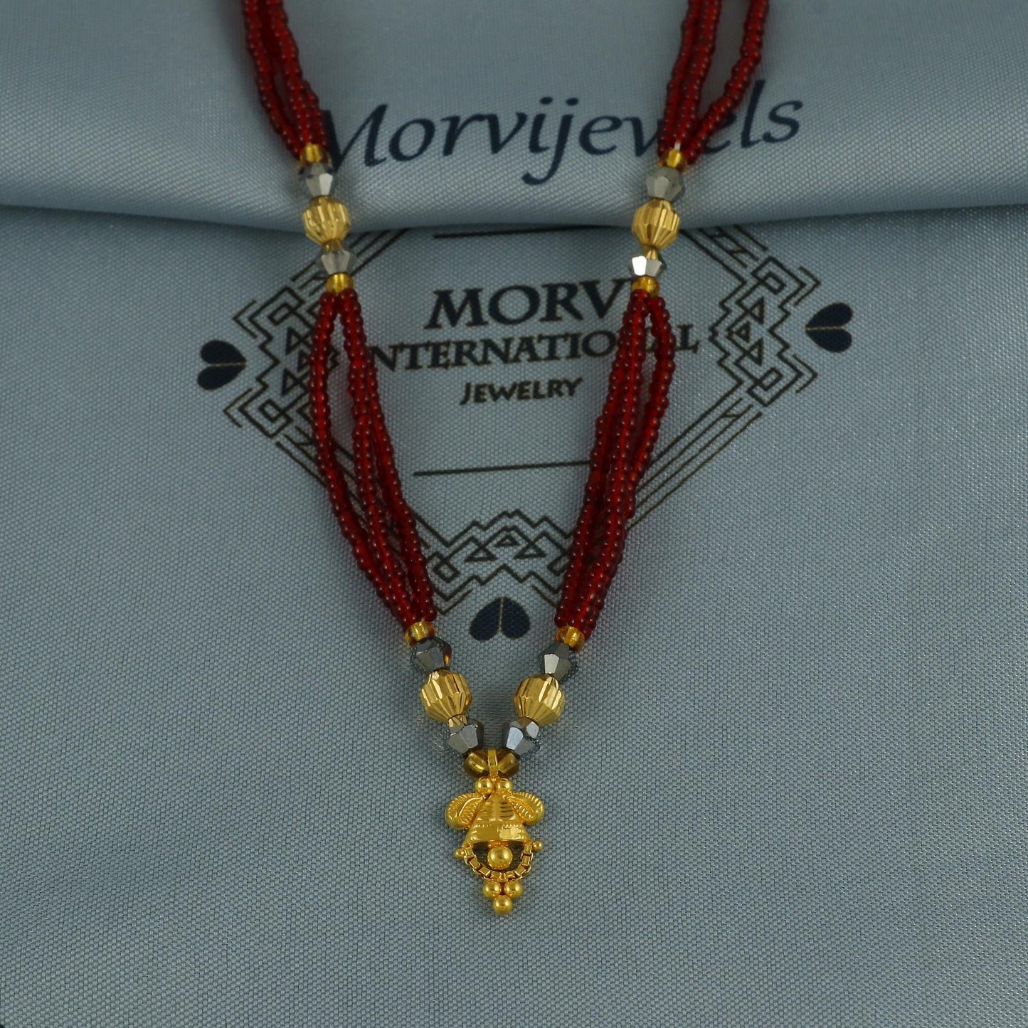 22k gold necklace mangalsutra necklace with small charm pendant amulet and red beads string, Indian Wife Jewelry gift,