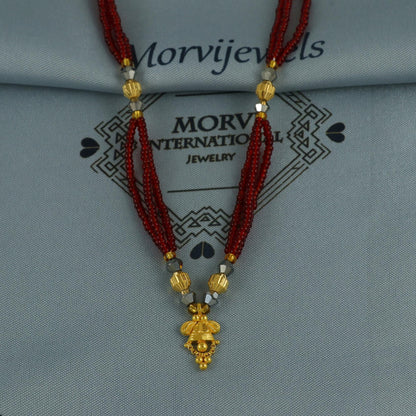 22k gold necklace mangalsutra necklace with small charm pendant amulet and red beads string, Indian Wife Jewelry gift,