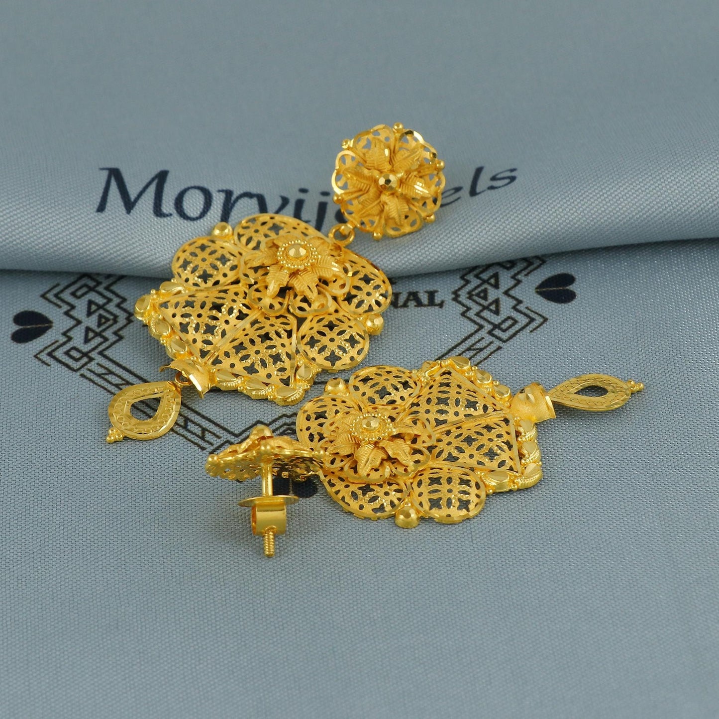 Flower 22k karat Gold Filigree Big Earrings, Handcrafted Gold Jewelry, Classic Fashion Indian Gold Intricate Earrings Jewelry, K6750