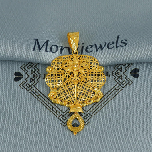 90s style Filigree 22k Gold Pendant Jewelry, Handcrafted Flower Genuine Gold Pendant, K6751