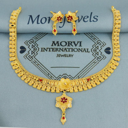 22k Yellow Gold Necklace Earrings Set, Indian Gold necklace, Indian Gold Jewelry, 22kt Gold Necklace, Leaf wedding Pure Gold Handmade design