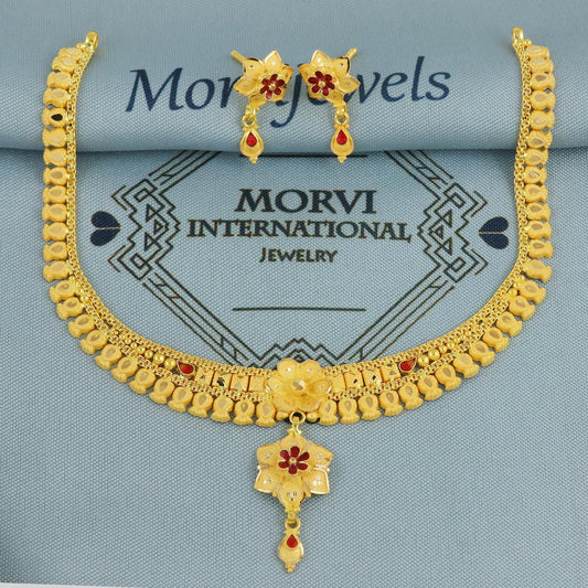 22k Yellow Gold Necklace Earrings Set, Indian Gold necklace, Indian Gold Jewelry, 22kt Gold Necklace, Leaf wedding Pure Gold Handmade design