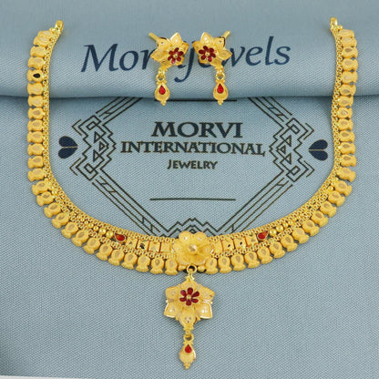 22k Yellow Gold Necklace Earrings Set, Indian Gold necklace, Indian Gold Jewelry, 22kt Gold Necklace, Leaf wedding Pure Gold Handmade design