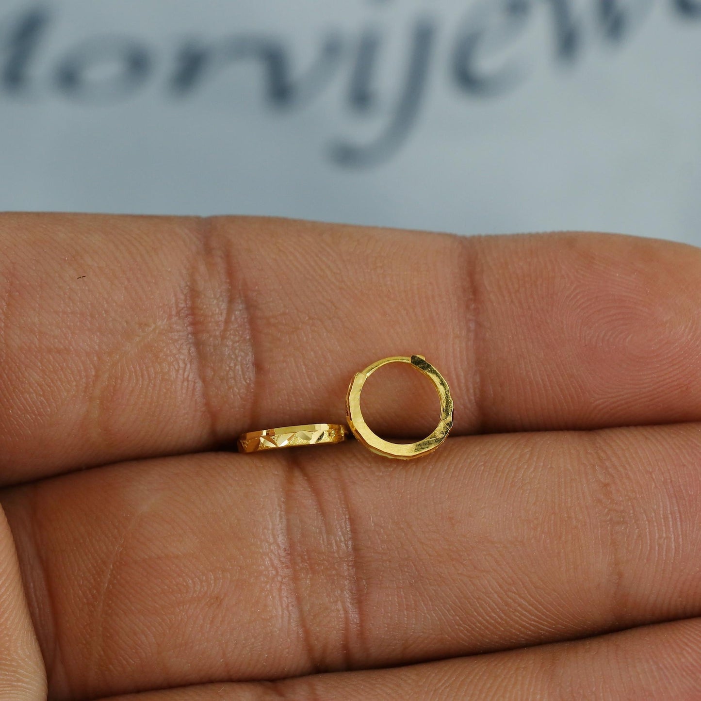 20k 18k Yellow Gold Leaf Pattern Hoop Bali Women Cartilage or Baby Earrings Small, Handmade Yellow gold earrings, gift, Real gold earrings