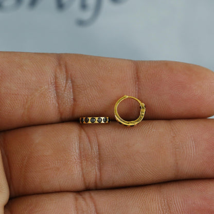 Dark Blue Stone 20k 18k Yellow Gold Hoop Bali Women Cartilage or Baby Earrings Small, Handmade Yellow gold earrings, gold earrings