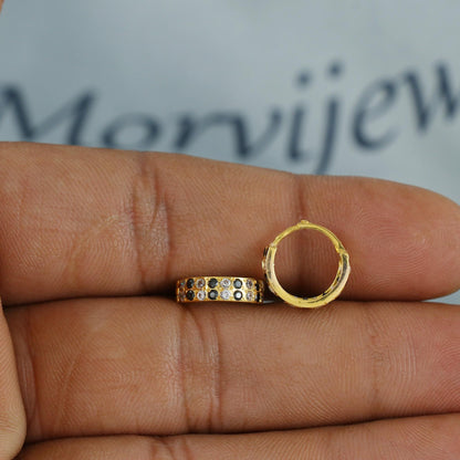 Dark Blue & White Stone 20k 18k Yellow Gold Hoop Bali Women Cartilage or Baby Earrings Small, Handmade Yellow gold earrings, gold earrings