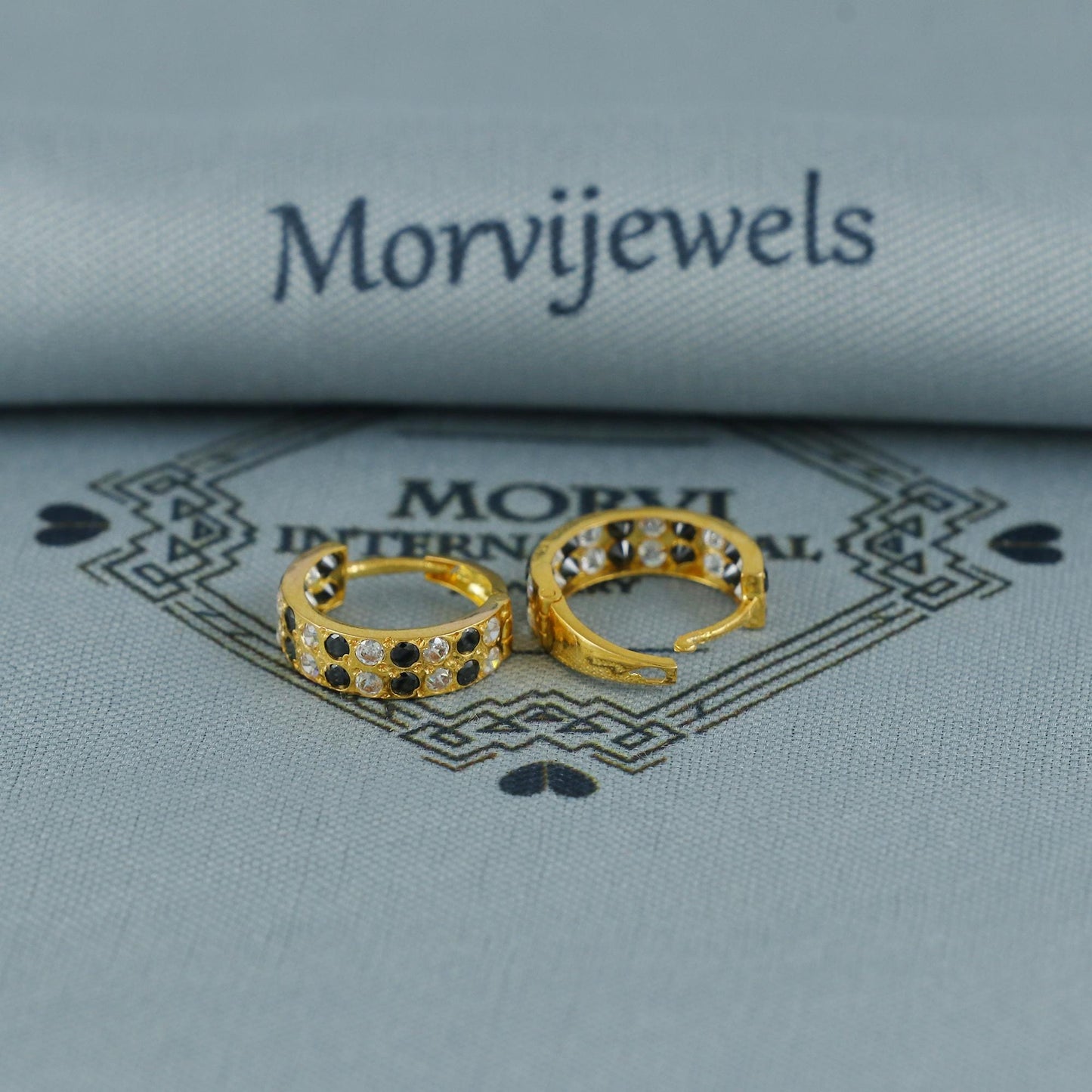 Dark Blue & White Stone 20k 18k Yellow Gold Hoop Bali Women Cartilage or Baby Earrings Small, Handmade Yellow gold earrings, gold earrings