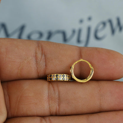 Dark Blue & White Stone 20k 18k Yellow Gold Hoop Bali Women Cartilage or Baby Earrings Small, Handmade Yellow gold earrings, gold earrings