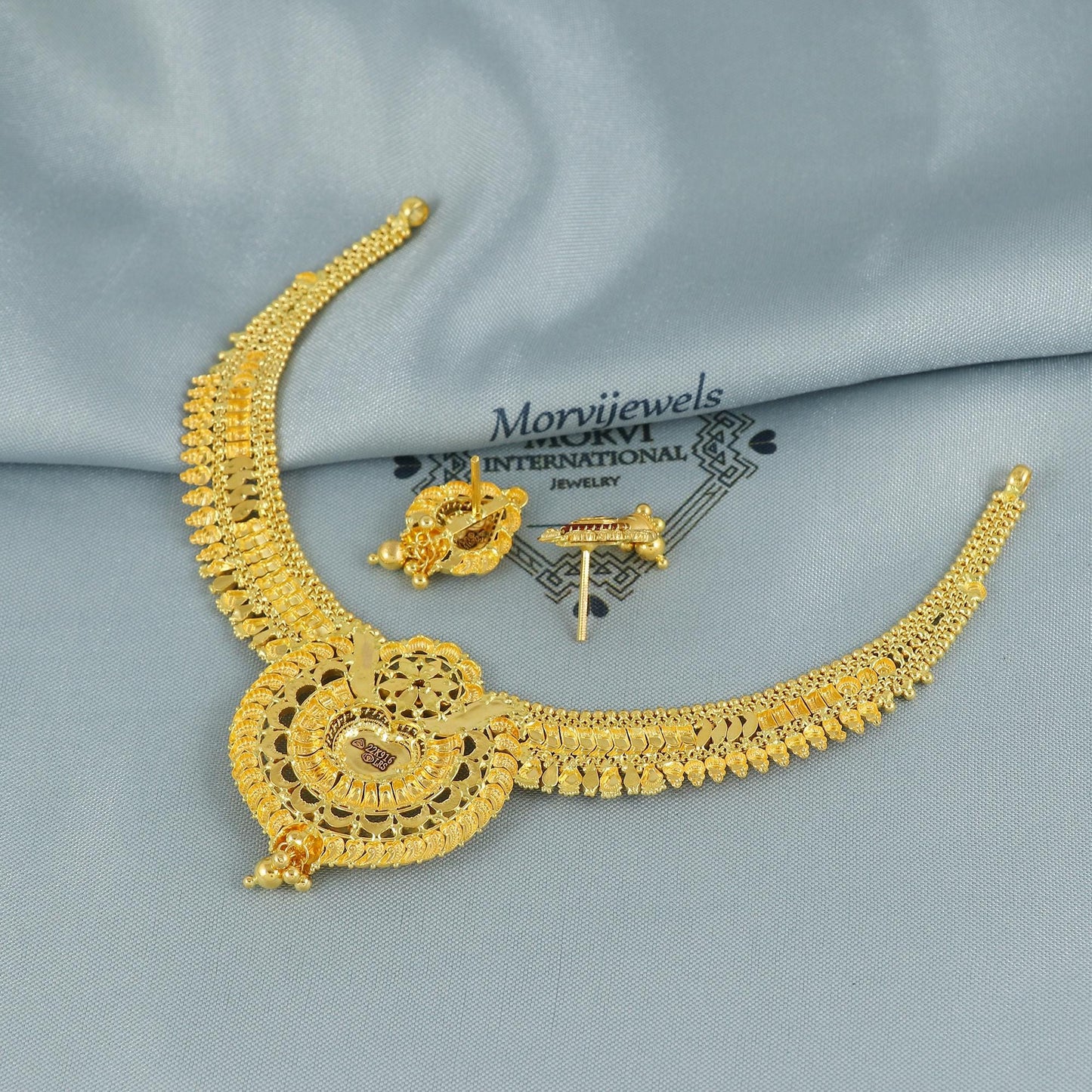 22k Yellow Gold Earrings Necklace set Gift, 22k karat 22kt 22ct Indian Gold Handmade wedding necklace indian Jewelry for gift, K6798