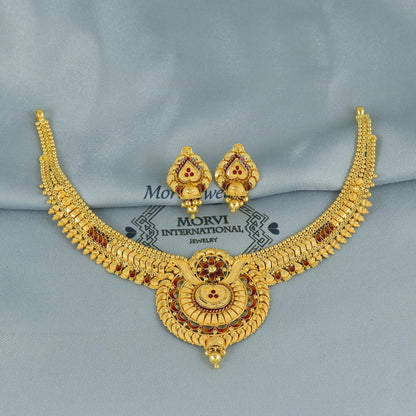 22k Yellow Gold Earrings Necklace set Gift, 22k karat 22kt 22ct Indian Gold Handmade wedding necklace indian Jewelry for gift, K6798