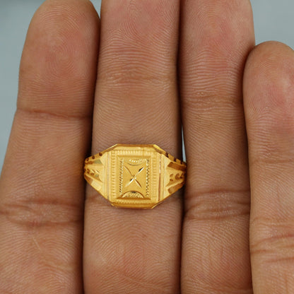22k Gold Ring, Geometric Embossed Gold Ring, Carved Square Gold Ring, Handmade Traditional Engraved Ring, K6799