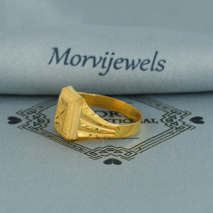 22k Gold Ring, Geometric Embossed Gold Ring, Carved Square Gold Ring, Handmade Traditional Engraved Ring, K6799