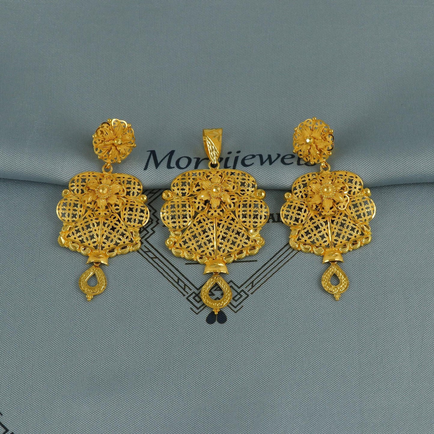 22k gold dangle filigree earrings pendant set jewelry women, pure gold flower design handmade handcrafted gold jewelry, K6744