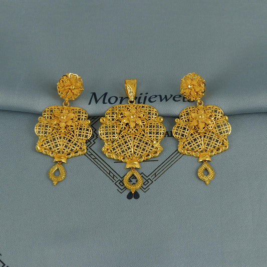 22k gold dangle filigree earrings pendant set jewelry women, pure gold flower design handmade handcrafted gold jewelry, K6744