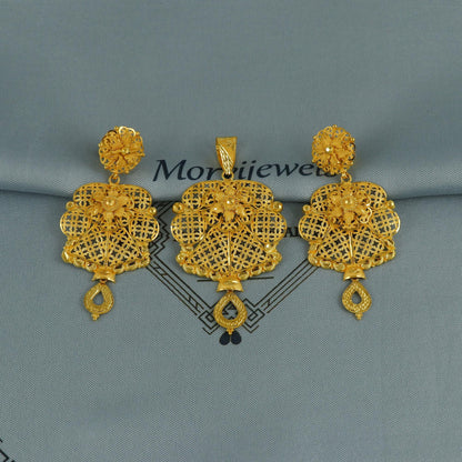 22k gold dangle filigree earrings pendant set jewelry women, pure gold flower design handmade handcrafted gold jewelry, K6744
