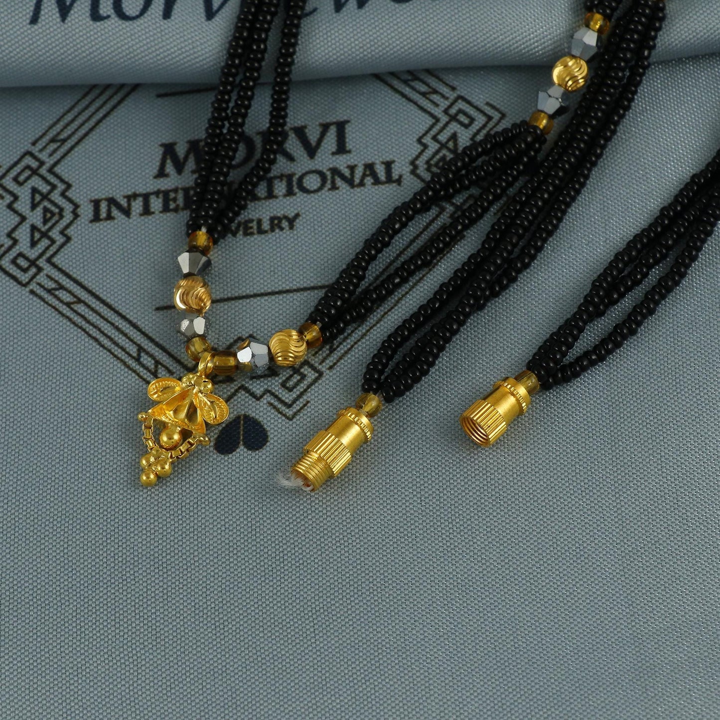 22k gold necklace mangalsutra necklace with small charm pendant amulet and black beads string, Indian Wife Jewelry gift,