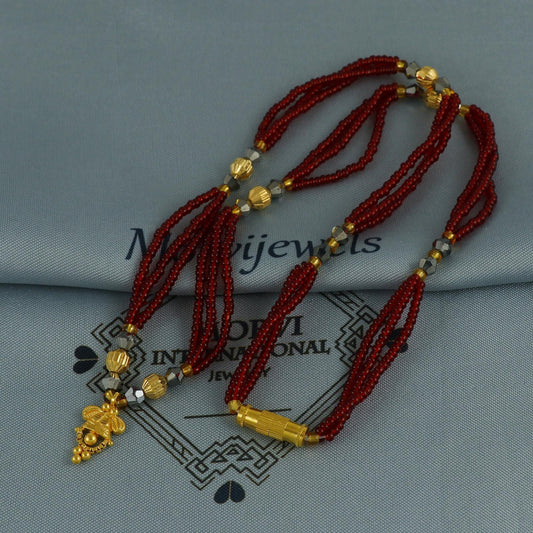 22k gold necklace mangalsutra necklace with small charm pendant amulet and red beads string, Indian Wife Jewelry gift,