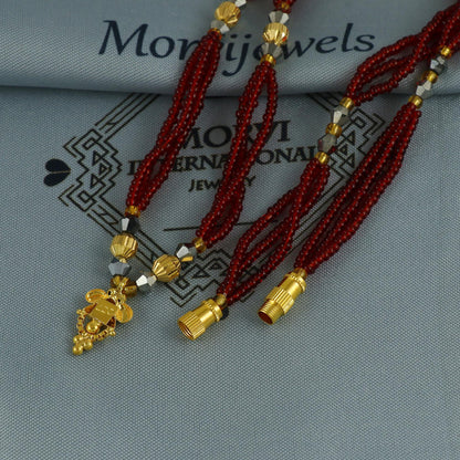 22k gold necklace mangalsutra necklace with small charm pendant amulet and red beads string, Indian Wife Jewelry gift,
