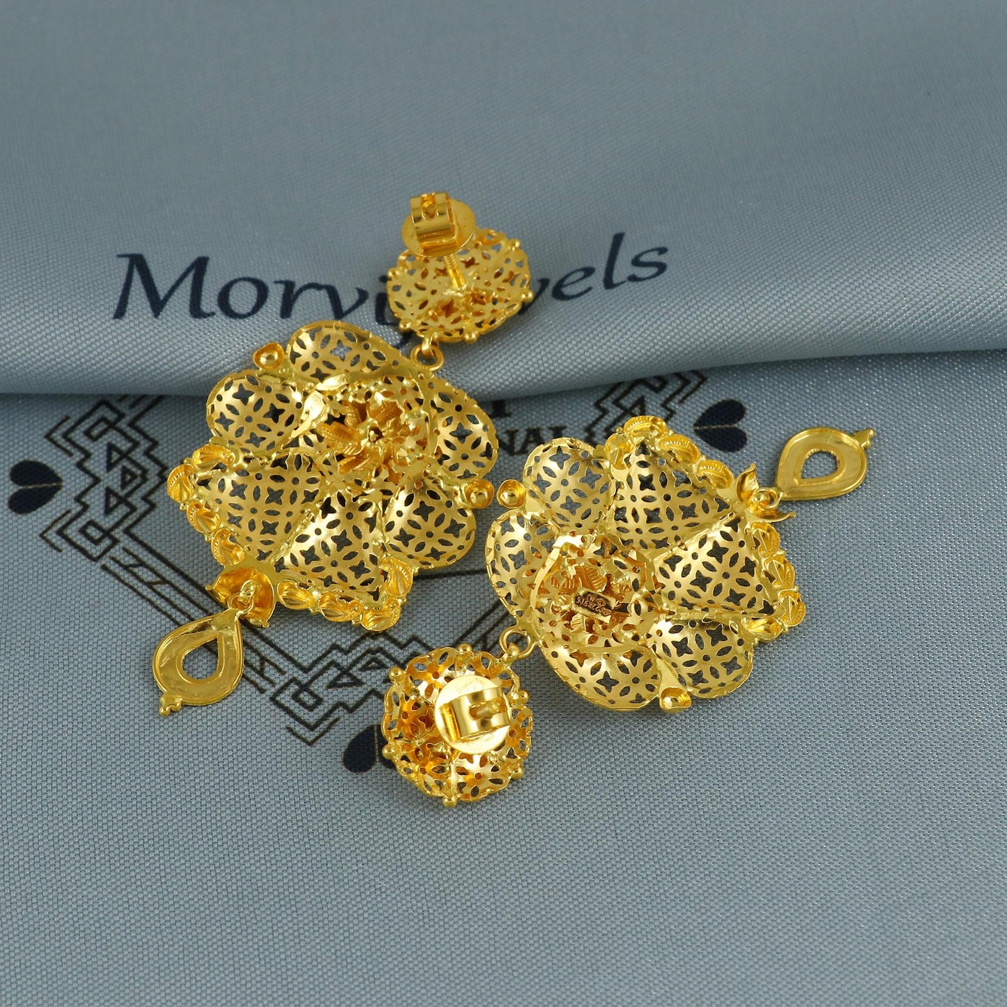 Flower 22k karat Gold Filigree Big Earrings, Handcrafted Gold Jewelry, Classic Fashion Indian Gold Intricate Earrings Jewelry, K6750