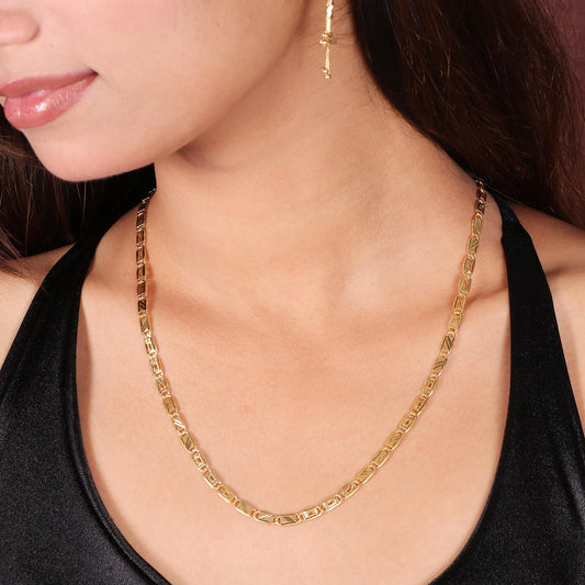 Hand Carved 22K Gold Rectangular Flat Links Chain Men Women Handmade Vintage Antique Chain Necklace, 22kt Gold Jewelry for Gift, K6685