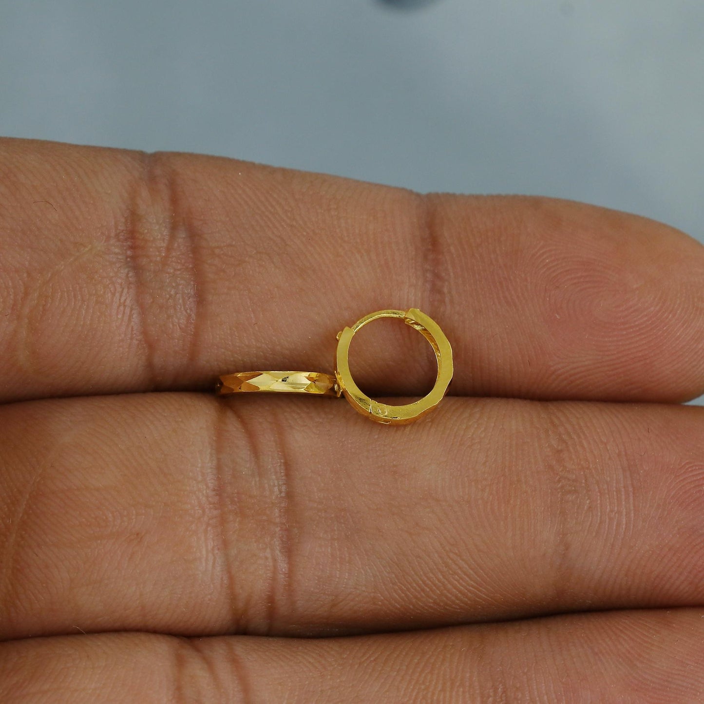 20k Yellow Gold Diamond pattern Hoop Bali Women Cartilage or Baby Earrings Small, Handmade Yellow gold earrings, gift, Real gold earrings