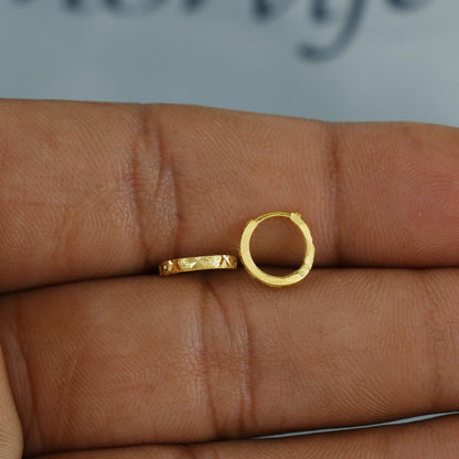 18k 20k Yellow Gold Prism Cut Hoop Bali Women Cartilage or Baby Earrings Small, Handmade Yellow gold earrings, gift, Real gold earrings