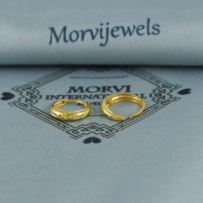 20k 18k Yellow Gold Engraved Hoop Bali Women Cartilage or Baby Earrings Small, Handmade Yellow gold earrings, gift, Real gold earrings