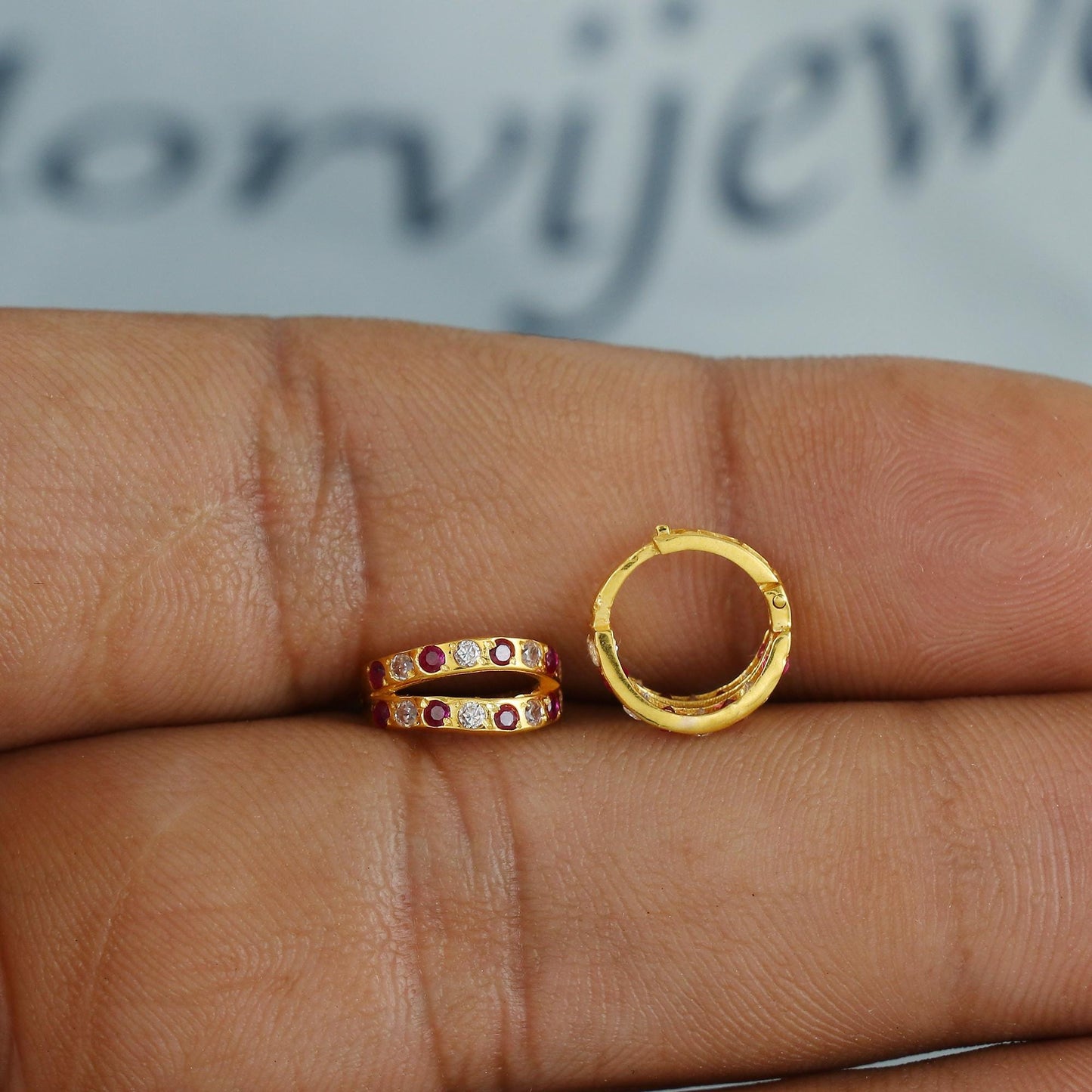 Pink White Stone 20k 18k Yellow Gold Hoop Bali Women Cartilage or Baby Earrings Small, Handmade Yellow gold earrings, gold earrings