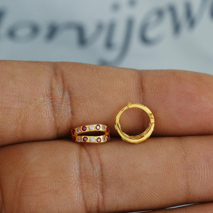 Pink White Stone 20k 18k Yellow Gold Hoop Bali Women Cartilage or Baby Earrings Small, Handmade Yellow gold earrings, gold earrings