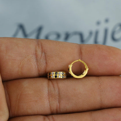 Blue White Stone 20k 18k Yellow Gold Hoop Bali Women Cartilage or Baby Earrings Small, Handmade Yellow gold earrings, gold earrings