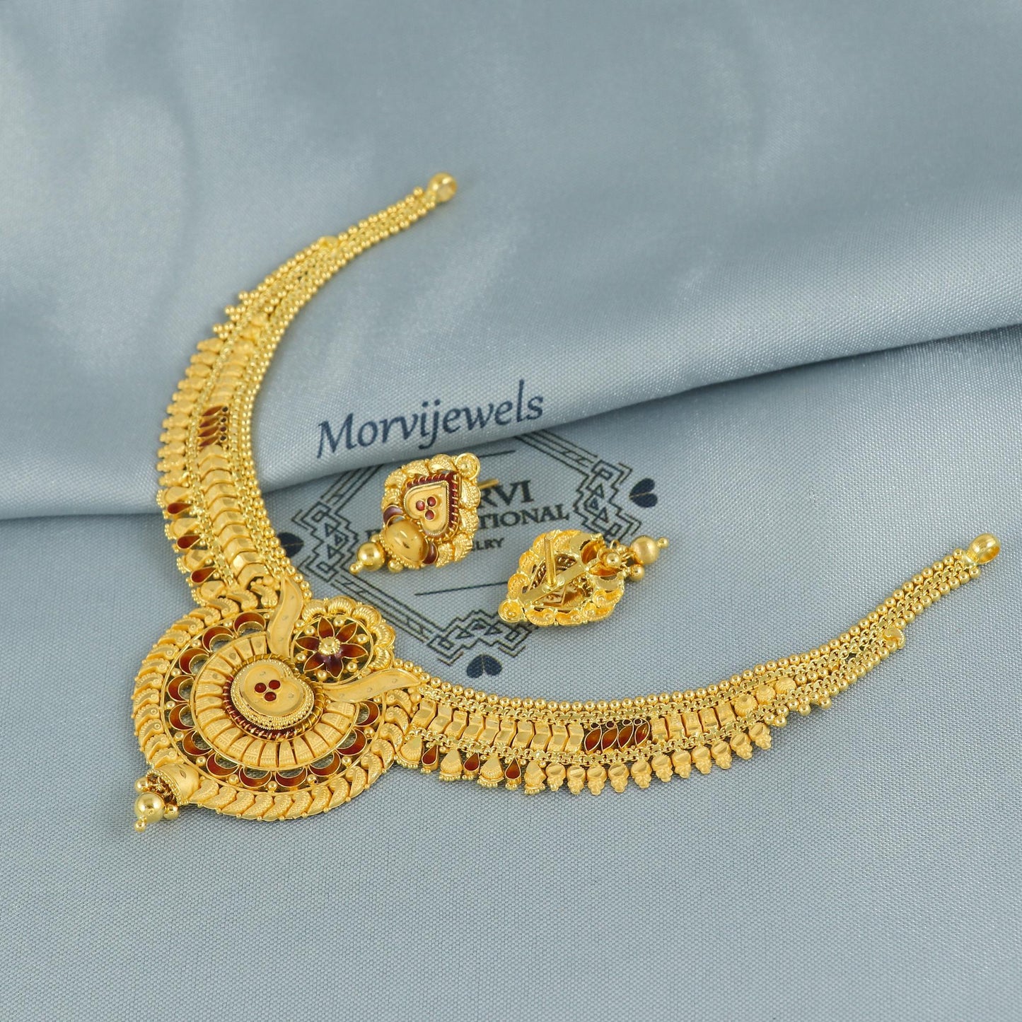 22k Yellow Gold Earrings Necklace set Gift, 22k karat 22kt 22ct Indian Gold Handmade wedding necklace indian Jewelry for gift, K6798