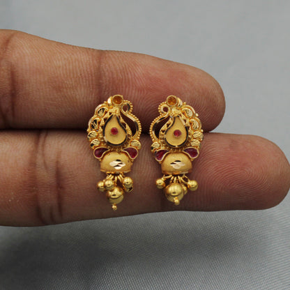 22k Yellow Gold Jhumka Earrings with Bell , Handmade Yellow gold earrings for women, vintage antique design indian gold earrings jewelry,