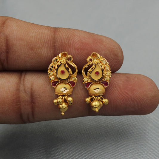 22k Yellow Gold Jhumka Earrings with Bell , Handmade Yellow gold earrings for women, vintage antique design indian gold earrings jewelry,