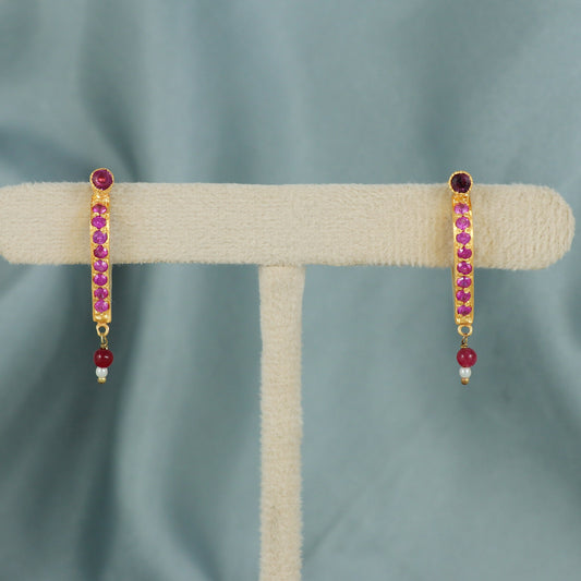 Kundal 22k Yellow Gold Hoop Bali Earrings , Handmade Yellow gold earrings RED PINK WHITE stones , gift, indian gold earrings, ethnic hoop