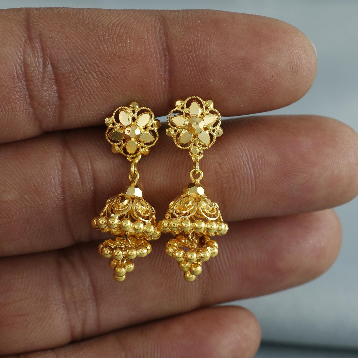 Floral 22k yellow gold earrings stud with dangling, handmade vintage Pure Traditional wedding indian style Jhumki Earrings Chandelier, K6810