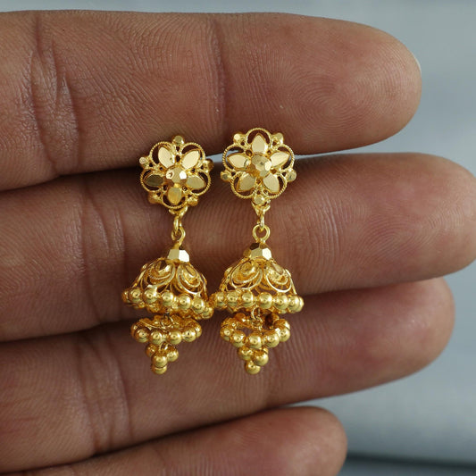 Floral 22k yellow gold earrings stud with dangling, handmade vintage Pure Traditional wedding indian style Jhumki Earrings Chandelier, K6810