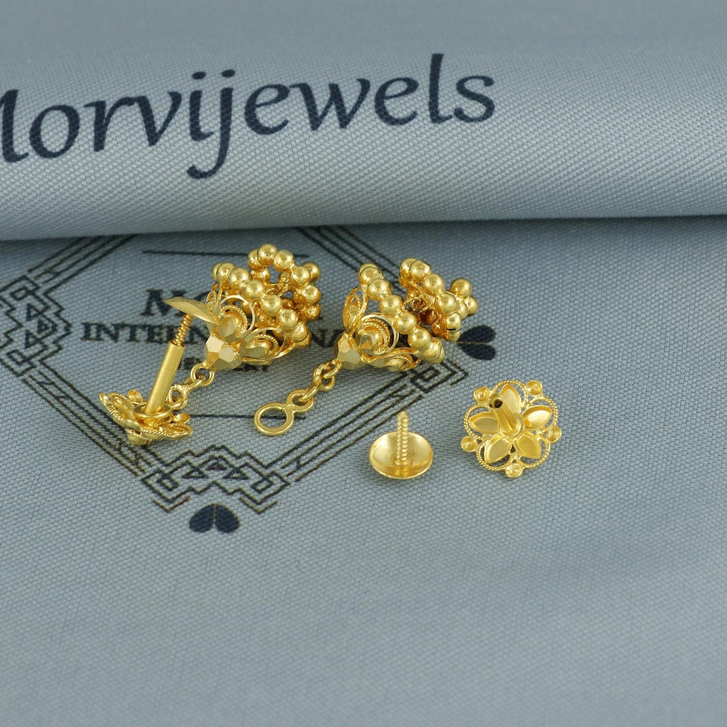 Floral 22k yellow gold earrings stud with dangling, handmade vintage Pure Traditional wedding indian style Jhumki Earrings Chandelier, K6810