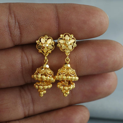 Floral 22k yellow gold earrings stud with dangling, handmade vintage Pure Traditional wedding indian style Jhumki Earrings Chandelier, K6810