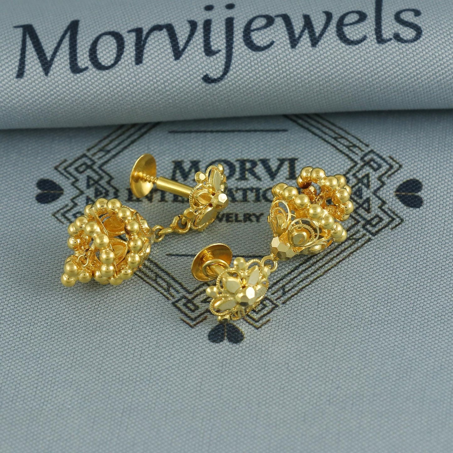 Floral 22k yellow gold earrings stud with dangling, handmade vintage Pure Traditional wedding indian style Jhumki Earrings Chandelier, K6810