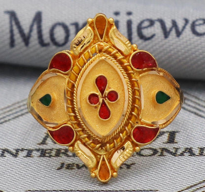 Indian 22k Yellow Gold Handmade Ring, Oval Red Green Enamel Ring, anciant design royal queen ring, Ring for Women,