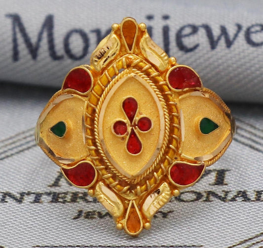 Indian 22k Yellow Gold Handmade Ring, Oval Red Green Enamel Ring, anciant design royal queen ring, Ring for Women,