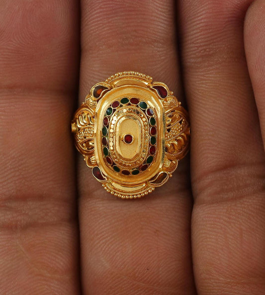 22k Yellow Gold Ring Jewelry, Enamel Meena Indian Vintage Design Gold Ring, Wedding Gold Ring, K6632
