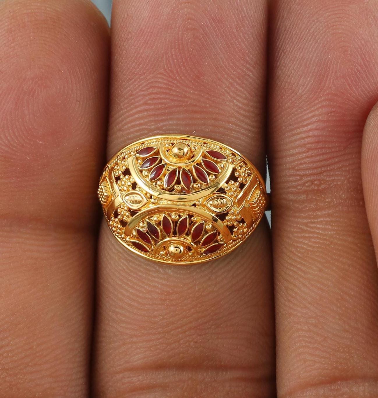 Pure 22k Yellow Gold Ring Size 5 US and All, 22kt Women Gold Ring Jewelry, Indian Meena Design Gold Ring, Wedding Gold Ring, K6631