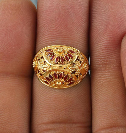 Pure 22k Yellow Gold Ring Size 5 US and All, 22kt Women Gold Ring Jewelry, Indian Meena Design Gold Ring, Wedding Gold Ring, K6631
