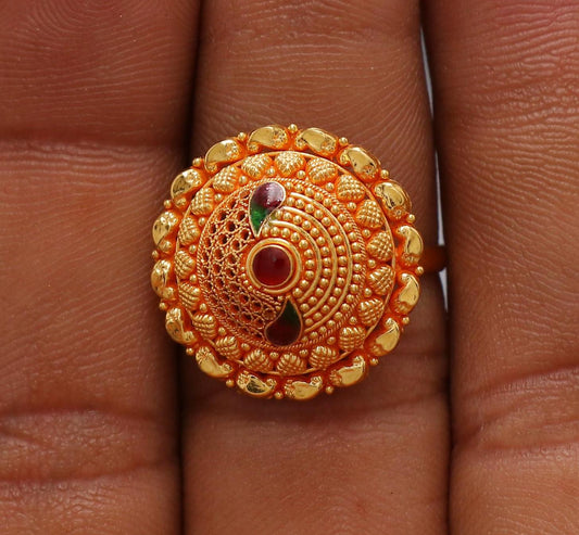 Indian Style Ring 22k Vintage Antique Ring, Meenakari Enamel Gold Ring,, Handmade Women Gold Jewelry, K6626