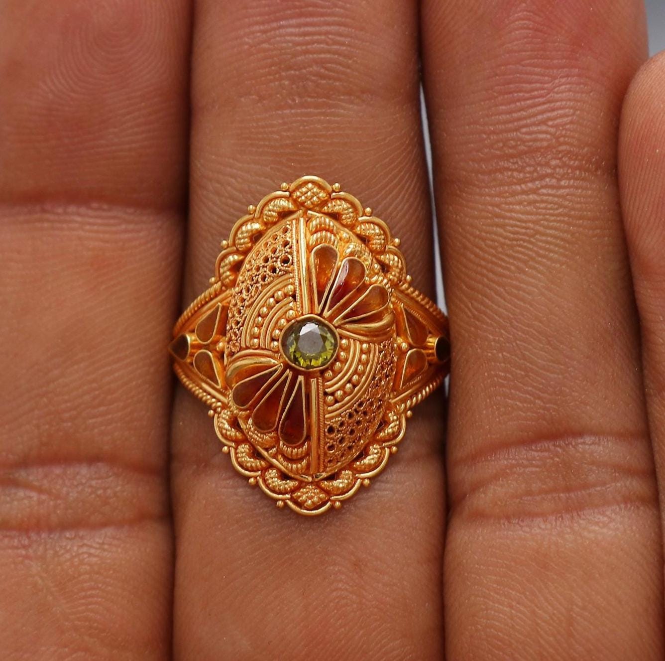 Peridot 22k Yellow Gold Ring Size 7.5 US and All, Hallmark Women Gold Ring Jewelry, Indian Meena Gold Ring, Wedding Gold Ring, K6617