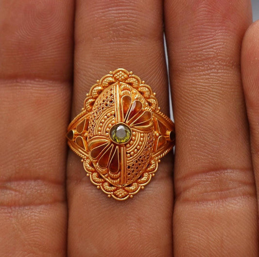 Peridot 22k Yellow Gold Ring Size 7.5 US and All, Hallmark Women Gold Ring Jewelry, Indian Meena Gold Ring, Wedding Gold Ring, K6617